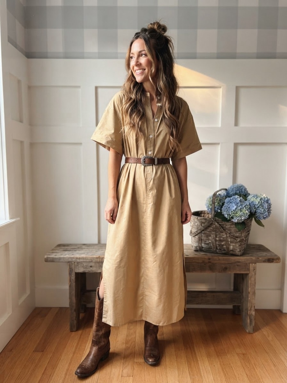 Banana Republic Beige Tan Button-Front Maxi Dress Large
